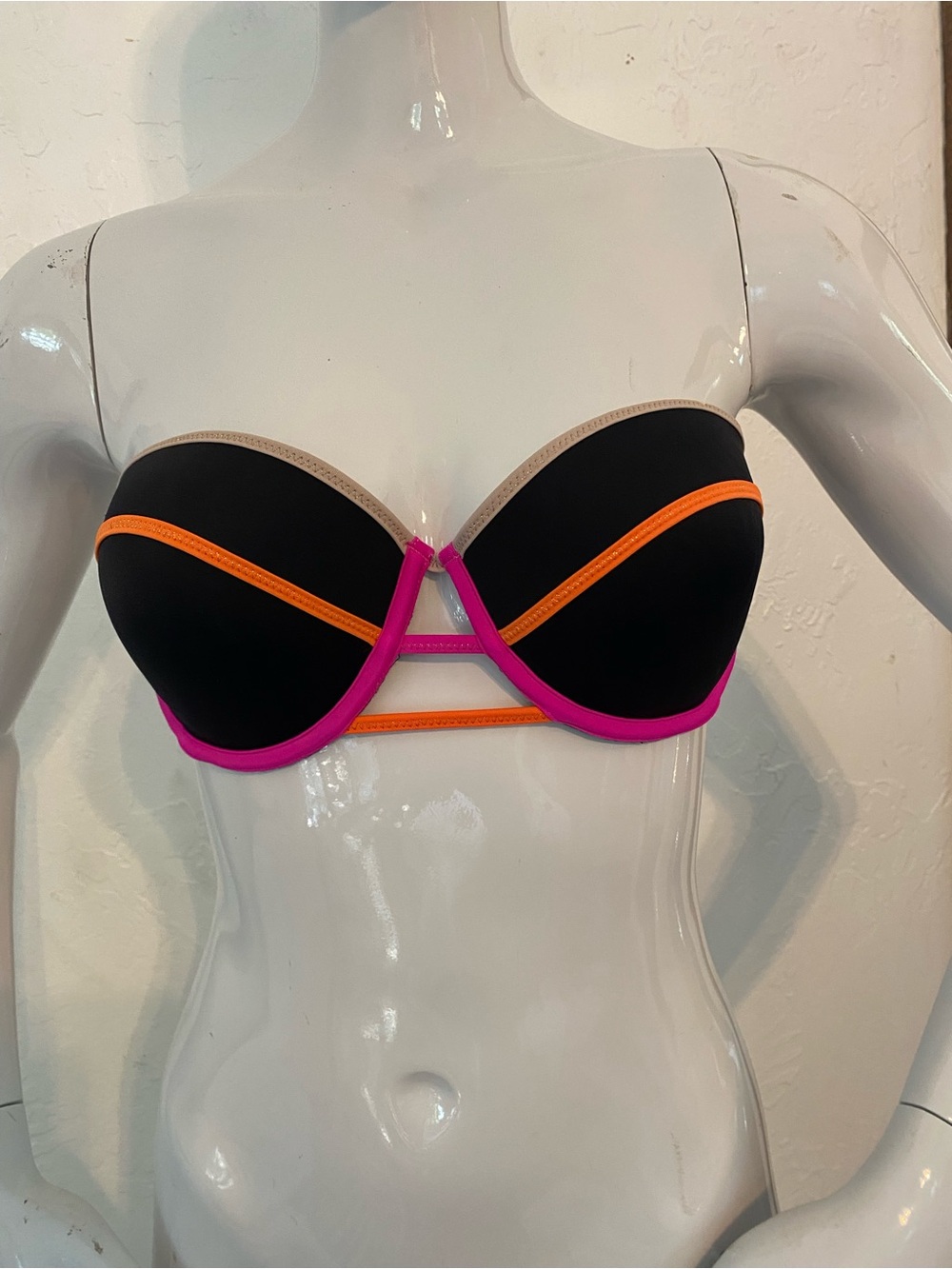 Victoria's Secret Black Bikini Top with Pink & Orange Accents